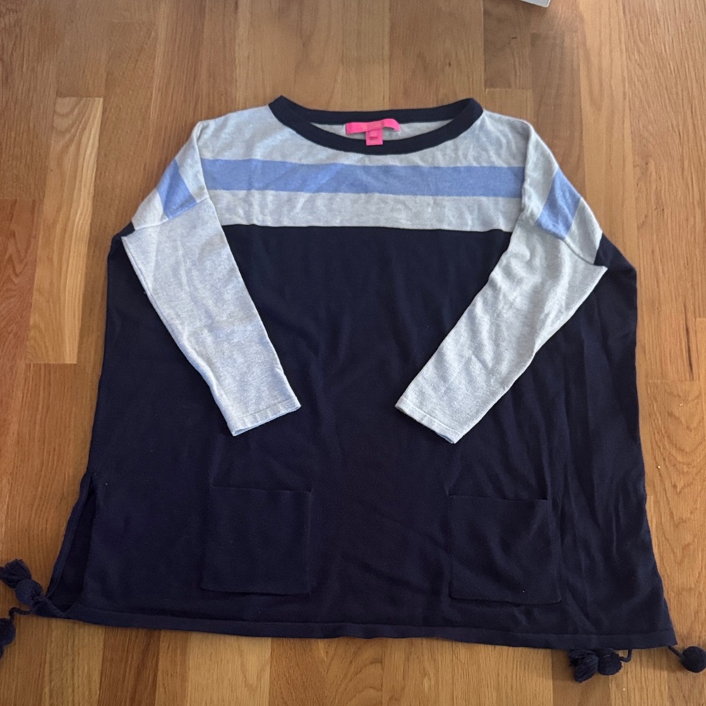 Women’s boxy Navy and Light Blue Long Sleeve sweater with Pom poms